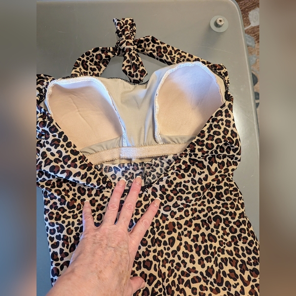 VINTAGE ESTHER WILLIAMS LEOPARD PRINT RUCHED HALTER ONE PIECE PIN UP SZ 16 W - Picture 5 of 12